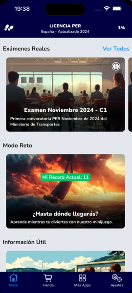 Inicio de la app Licencia PER: Exámenes Reales («Examen Noviembre 2024 - C1»), Modo Reto e Información Útil.