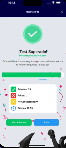 Resultados de un test: «¡Test Superado!», 95 % de acierto, 19 aciertos, 1 fallo y el tiempo.