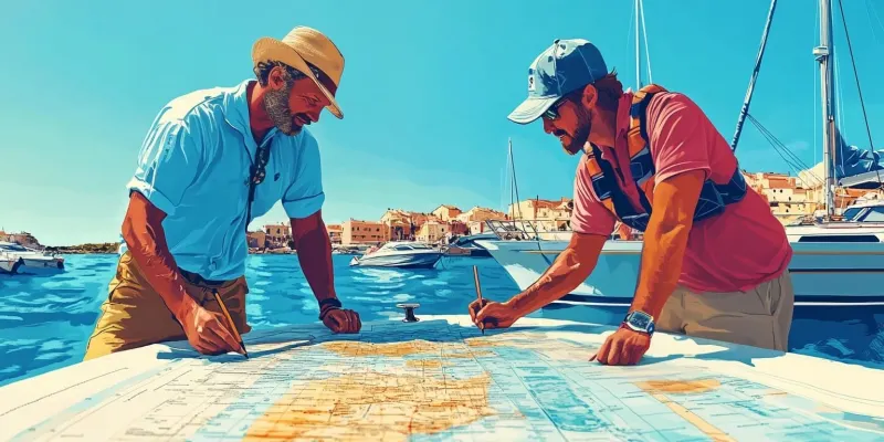 Ilustración de la app: dos patrones estudian una carta náutica en un puerto deportivo.