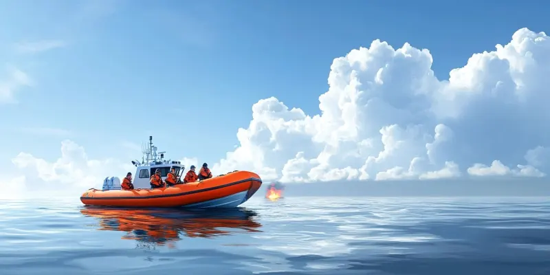 Ilustración de la app: una embarcación neumática naranja navegando con mar en calma.