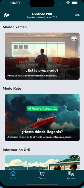 Pantalla de la app Licencia PNB con el Modo Examen («¿Estás preparado?»), el Modo Reto y la Información Útil.