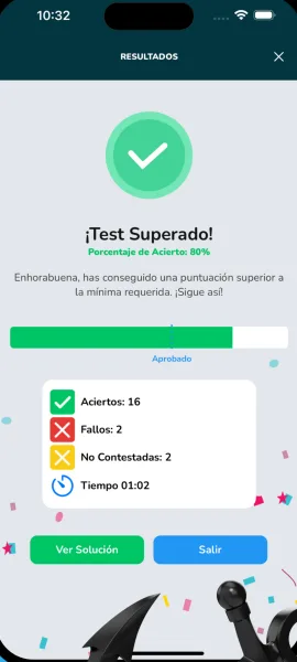 Resultado de un test en la app: Test Superado, 16 aciertos, 2 fallos y 2 sin contestar.