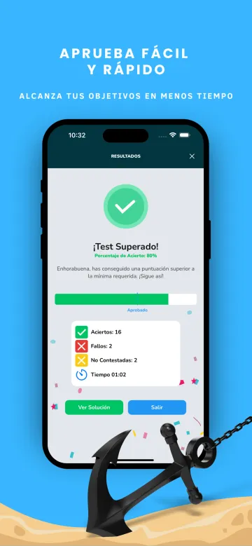 Imagen de la tienda: «Aprueba fácil y rápido», con la pantalla de resultados de un test superado.